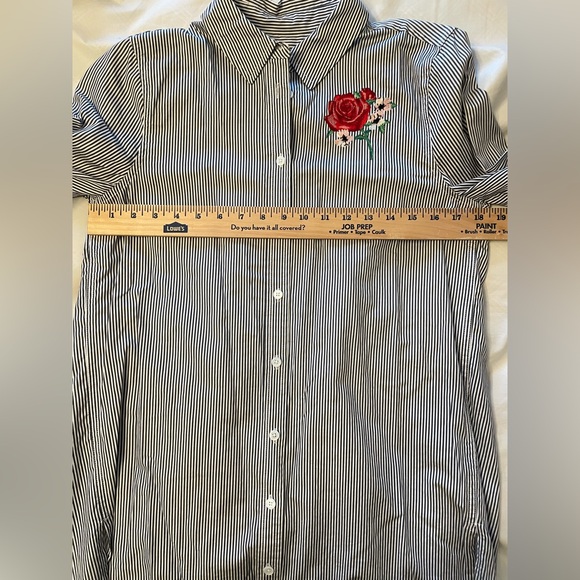 Equipment Black & White Stripped Tunic Button Down with Embroidered Flower - Picture 3 of 5